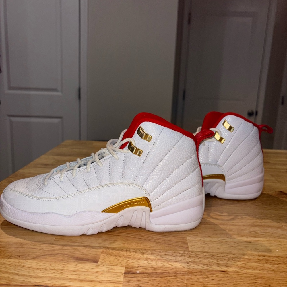 Jordan White and Red Sneakers with Gold Highlights